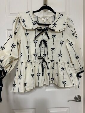 Sage + Fig Cotton Bow Print Blouse Cream & Black Coquette Peplum Oversized NWT